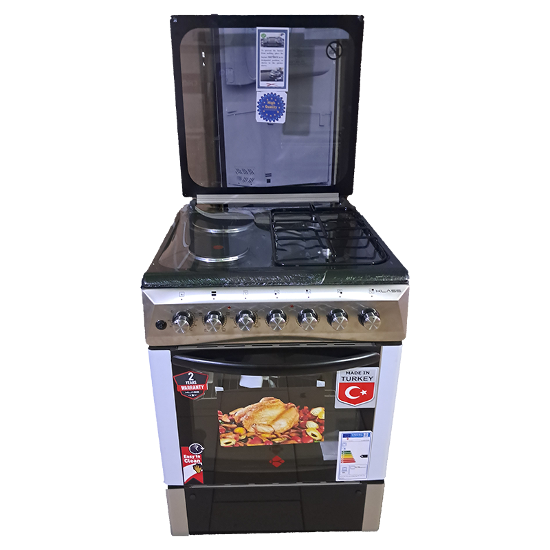 KLASS Cooker 60x60cm, 2 Gas Burners + 2 Hot Plates, Electric Oven & Grill, Rotisserie, Flame Failure Device, Oven Lamp & Timer, 4TTE-6622TI/FFD - Inox