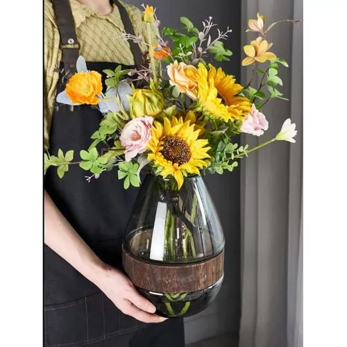 Vintage Luxury Wooden Band Water Raised Glass Decorative Flower Vase for Living Room Bedroom Office Table Home Decor- Multiolor
