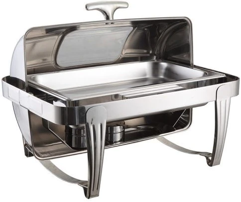 9L Single Rectangular Roll Top Chafing Dish Glass Lid Buffet Food Warmers - Silver