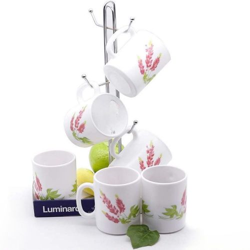 Luminarc 6 Pieces Of Luminarc Pink Flower Tea Coffee Mug Cups -White.