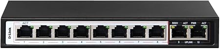 D-Link 8+2 Port Unmanaged PoE Switch DES-F1010P-E 8+2 100Mbps 250m, 8 10/100 Mbps Fast Ethernet Ports 2 10/100 Mbps Uplink Port, 120watts Available PoE Flow Control For Protection Against Data Loss, M