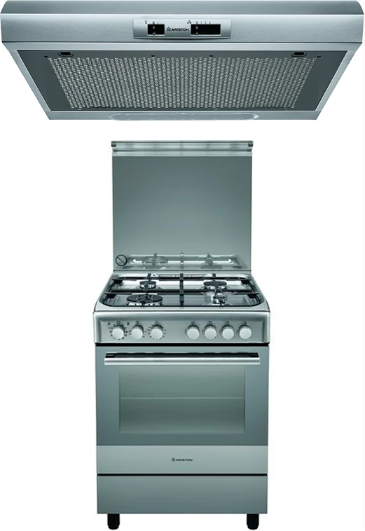 Ariston A6TMH2AF (X) EX - SS,60 x 60 4 Gas, Electric Oven / Grill + Fan, Automatic Ignition & Auto Safety - Silver - Poland And Ariston 60cm Slim Cooker Hood