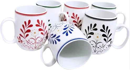 6 Pieces Of Flowered Designed Pot Cups/Mugs - White
