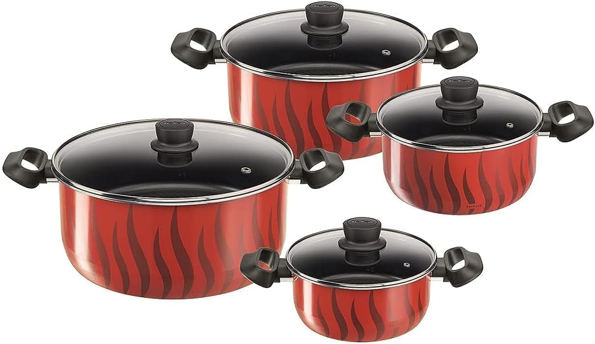 Tefal Tempo Flame Stewpots,  Safe Non-stick Coating, 8 PCS Set Cookware, Gas Stove Compatibility,  2 Years Warranty, C3079082