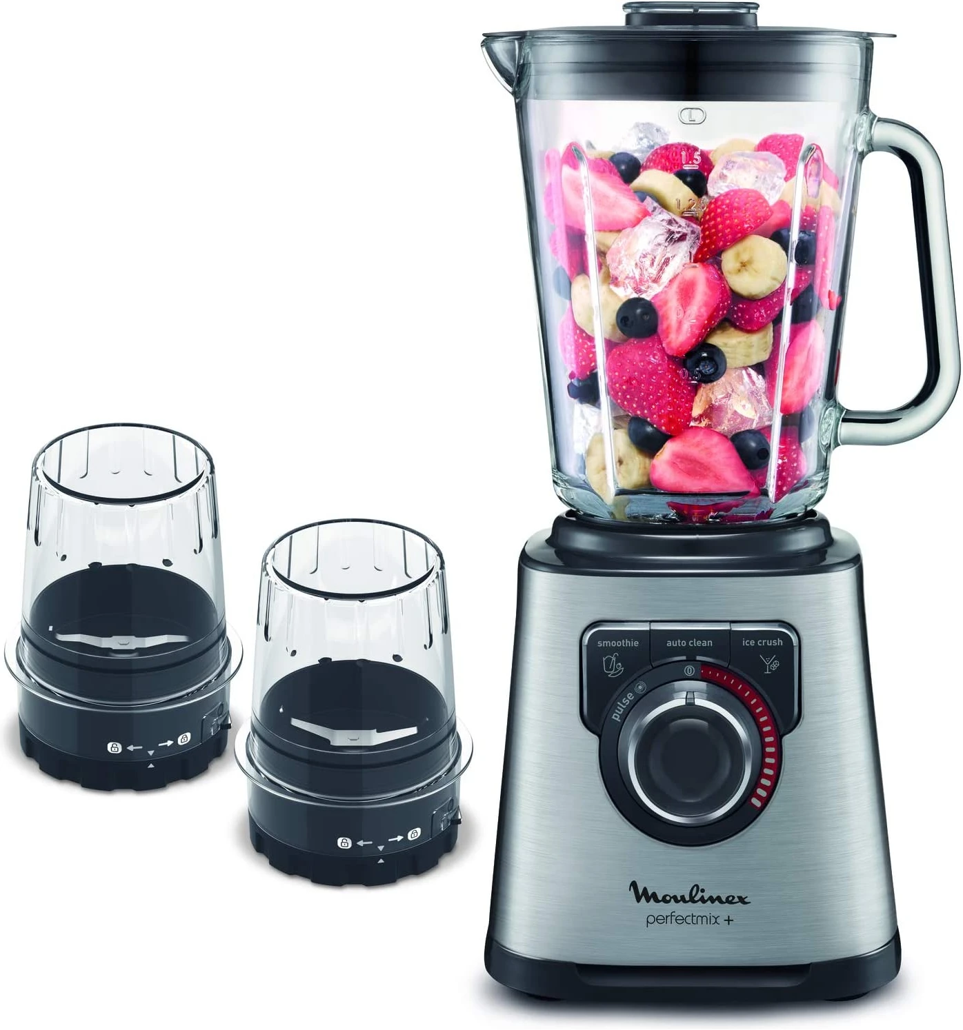 Moulinex Perfect Mix 2 Litre Blender With Grinder And Grater Accessories, 1200 Watts, Black/Silver, Plastic/Glass, Lm815D27