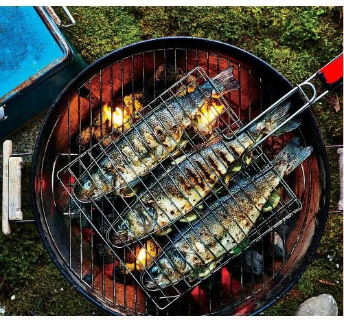3 Section BBQ Barbeque Fish Charcoal Grill Net Basket-Silver