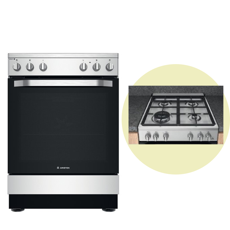 Ariston Full Gas Cooker 60x60cm AS67G1MCXT, 4 Gas Burners, Gas Oven & Grill, Rotisserie, Minute Minder, Cast Iron Pan Supports - Inox
