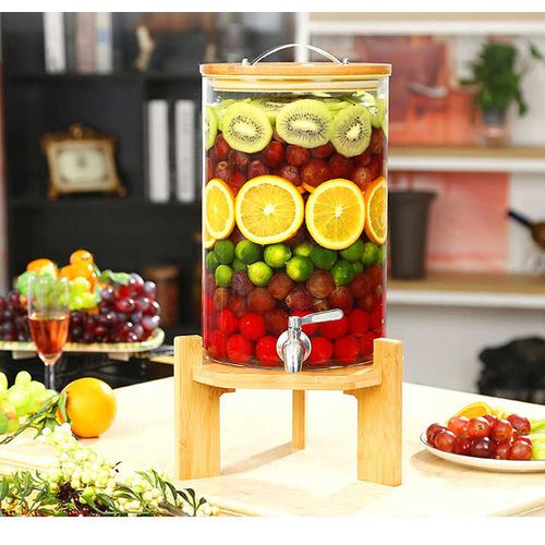 7L Glass Drinks Dispenser Jar With Tap, Spigot, Lid And Wooden Stand for Hot or Cold Beverages- Clear