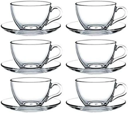 6 Pieces Of Glass Tea Coffee Cups Mugs And 6 Saucers -Colourless