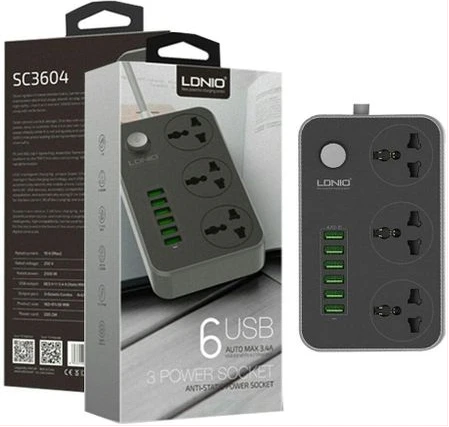 Ldnio Power Extension 3 Sockets + 6 Fast Charging USB Slots - Black