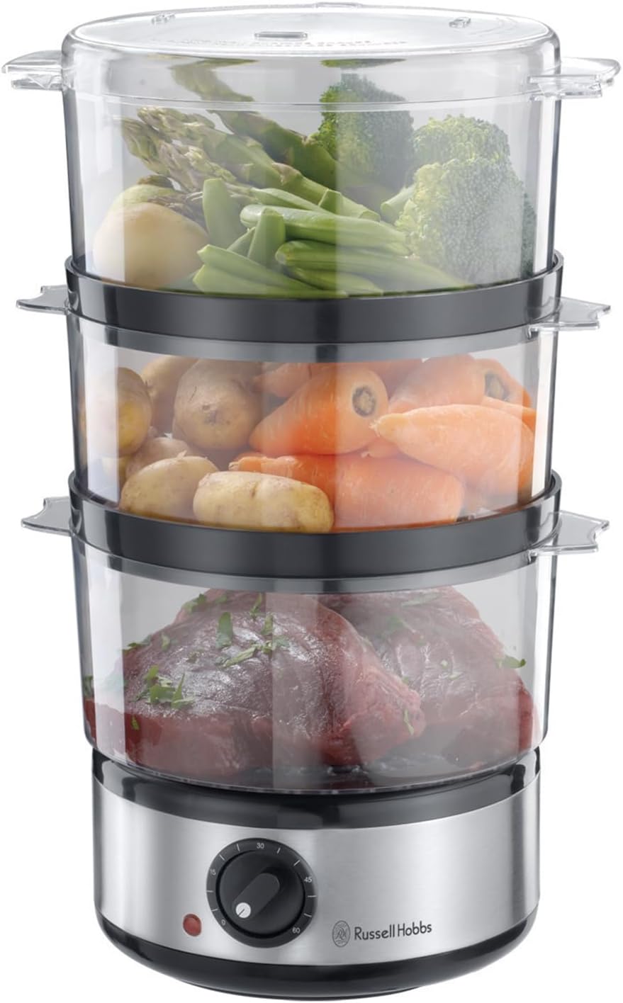 Russell Hobbs Food Steamer - 3 Tier, 7L, 400W, 60-Min Timer, Ideal for Baby Food & Healthy Meals, Stainless Steel Base - 1-Year Warranty (14453)