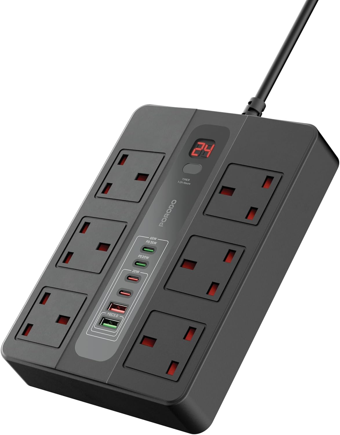 Porodo Multi-Port Super HUB / 4 USB-C & 2 USB-A / Ultimate Home & Office Kit 3M / QC 3.0 20W / Total 65W Output / Over-Heat Protection / Rated 3000W / Built-In Safeguard / LED Display - Black