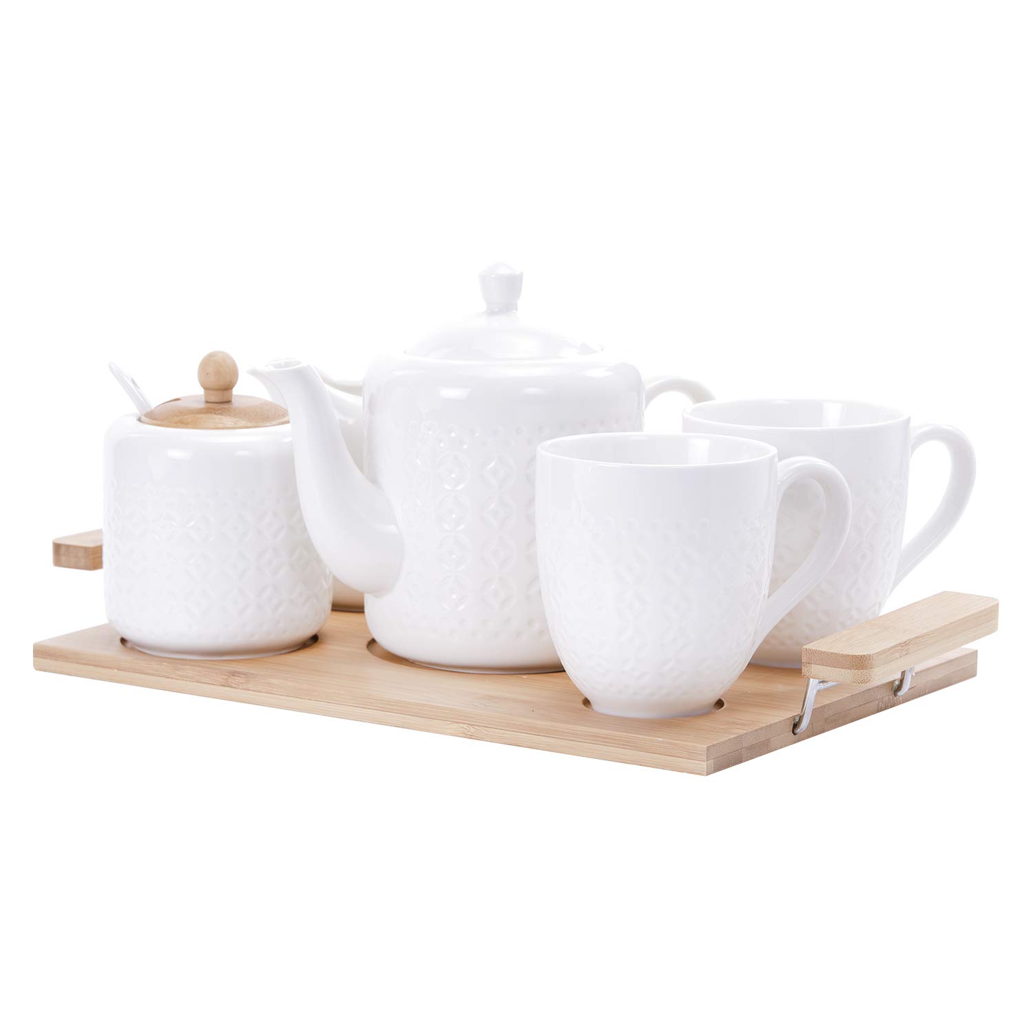 RoyalFord RF9239 6PCS Porcelain Tea Set – Includes 2 Tea Cups, 1 Teapot, 1 Canister, 1 Milk/Cream Pot & Wooden Stand with Handles for Easy Carry