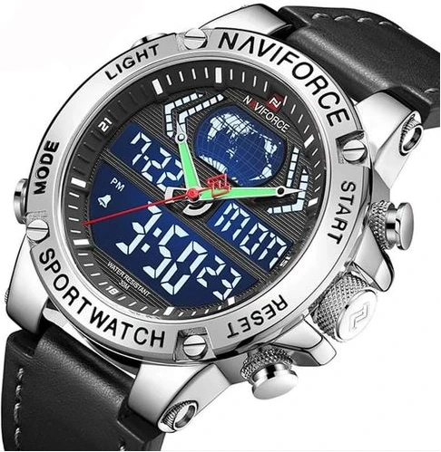 Naviforce Waterproof Men's Leather Strapped Watch - Black, Silver