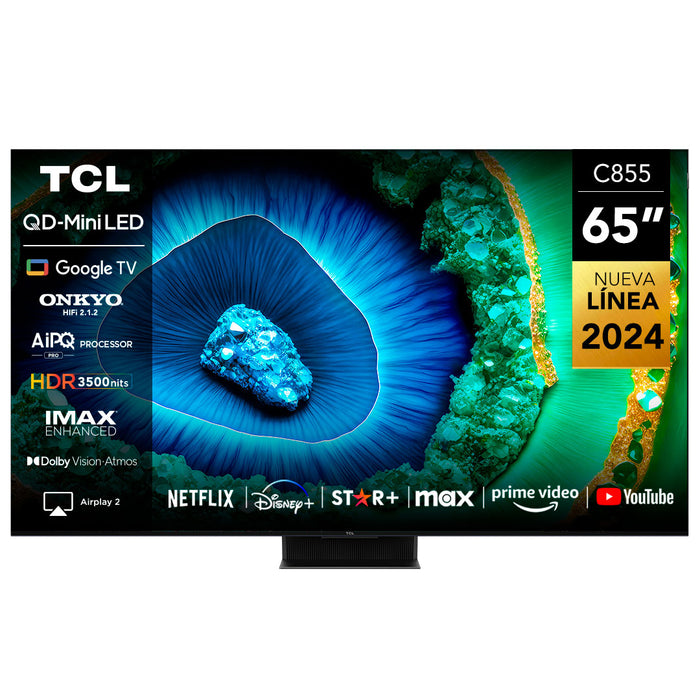 TCL 65 Inch 4K QD-Mini LED HDR Smart Google TV, QLED Pro, 3500nits, ONKYO 2.2.2ch, 144Hz VRR+240Hz DLG, Imax Enhanced, Ultra-slim Design 65C855 - 2 Year Warranty, Black