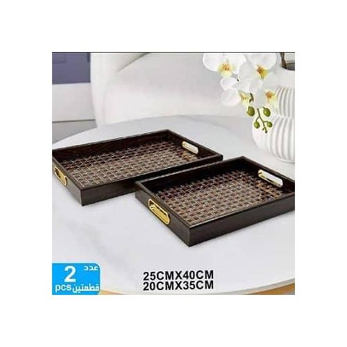 Handmade Wood Tea Serving Tray Set (2 Pieces) – Natural Woven Bamboo Decoration Trays With Handle And Non-Slip Surface - Multiple Sizes Storage Tray For Food Plates Drinking For Hotel Beauty Salon And
