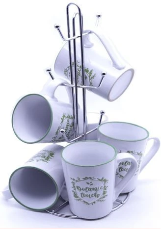 6 Pieces Of Tea Cups Mugs With Green Flowers - White