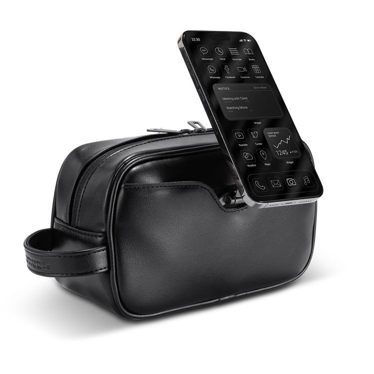 Porodo MagSafe Travel Organizer Pouch with Phone Holder & Premium PU Leather / Organized Storage Design / Integrated MagSafe Holder / Carry Handle / Two Way Zipper / Sleek Design - Black