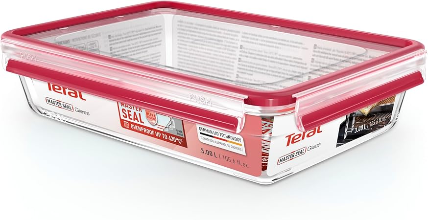 TEFAL 3L Rectangular Master Seal Glass Food Container, Clear, Food Storage, Stackable, Airtight, Oven & Freezer Safe, N1041210