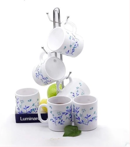 Luminarc 6 Pieces Of Luminarc Blue Flower Tea Coffee Mug Cups -White.