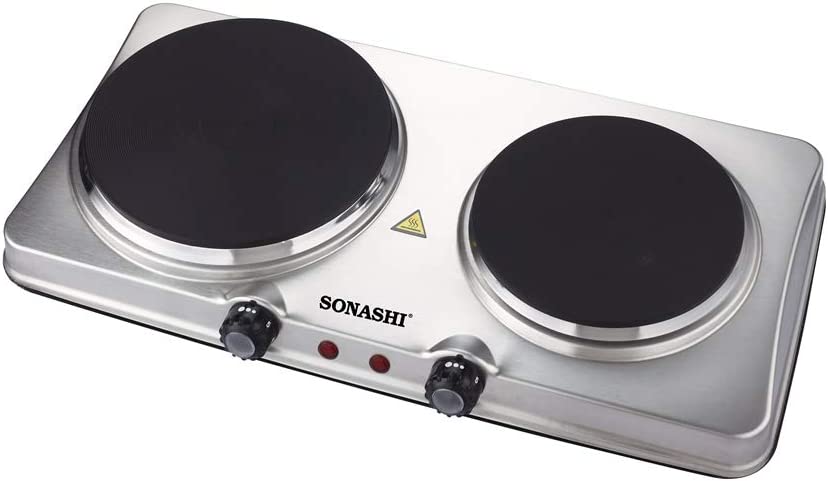 Sonashi Double Electric Hot Plate SHP-611S – 185MM and 155MM Class 1 Hot Plate with Stainless Steel Body, Auto Thermostat, On/Off Indicator Light