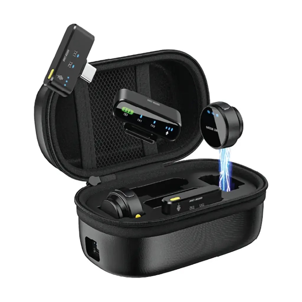 Green Lion GM-85X 3-in-1 Wireless Microphone with 360° Omnidirectional, Type-C and Camera and Lightning Devices, Reverb Mode, 20-40m Transmission Range, 6 Hours Working Time, 28 Hours Case Battery Lif