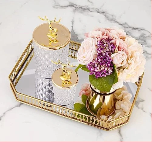 Rectangle Makeup Jewelry Organizer Decorative Glass Vanity Mirror Cosmetic Storage Perfume Candle Decor Tray - Gold