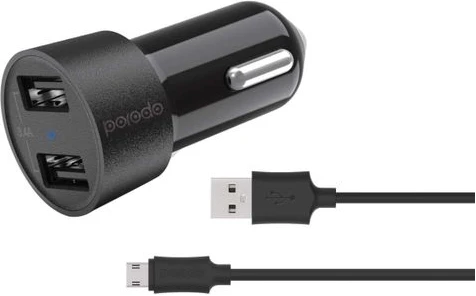 Porodo PD-M8J622M-BK - Dual USB Car Charger 3.4A with 4ft Micro USB Cable - Black