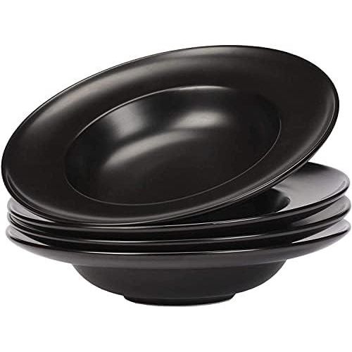 6 Pieces Of Ceramic Stoneware 9 Inches Wide Rim Soup Bowls Maggie Pasta & Macaroni Plates in Plain Matte Black Color Microwave Oven & Dishwasher Safe Suitable for Salad, Dessert, Soup, Restaurant