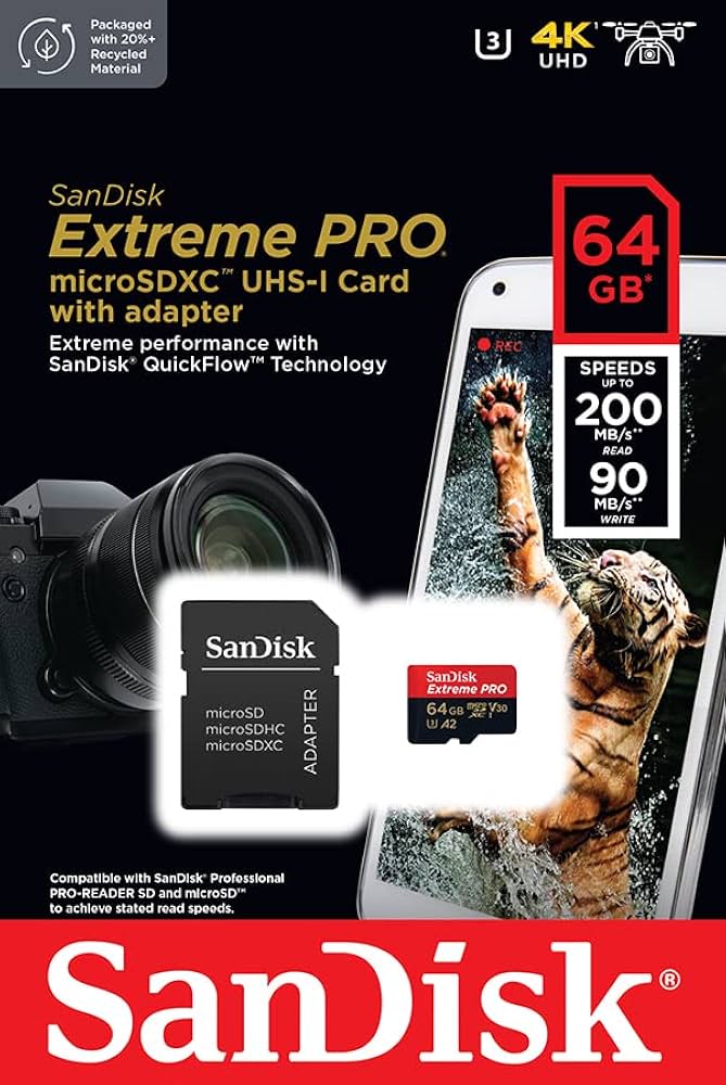 Sandisk Extreme Pro 64GB MicroSDXC UHS-I, 200MB/s Read, 90MB/s Write Memory Card With Adapter 64 GB