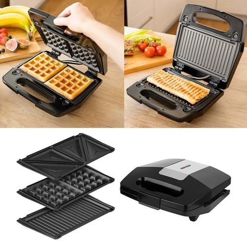 Hoffmans 3 in 1 Waffle Maker Sandwich Machine Barbecue Electric Baking Pan- Black.
