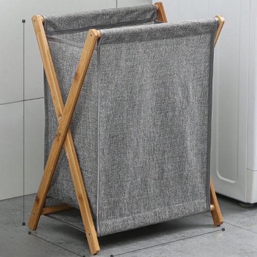 Foldable Clothes Laundry Basket Bag With Wooden Stand Storage Bin - Grey