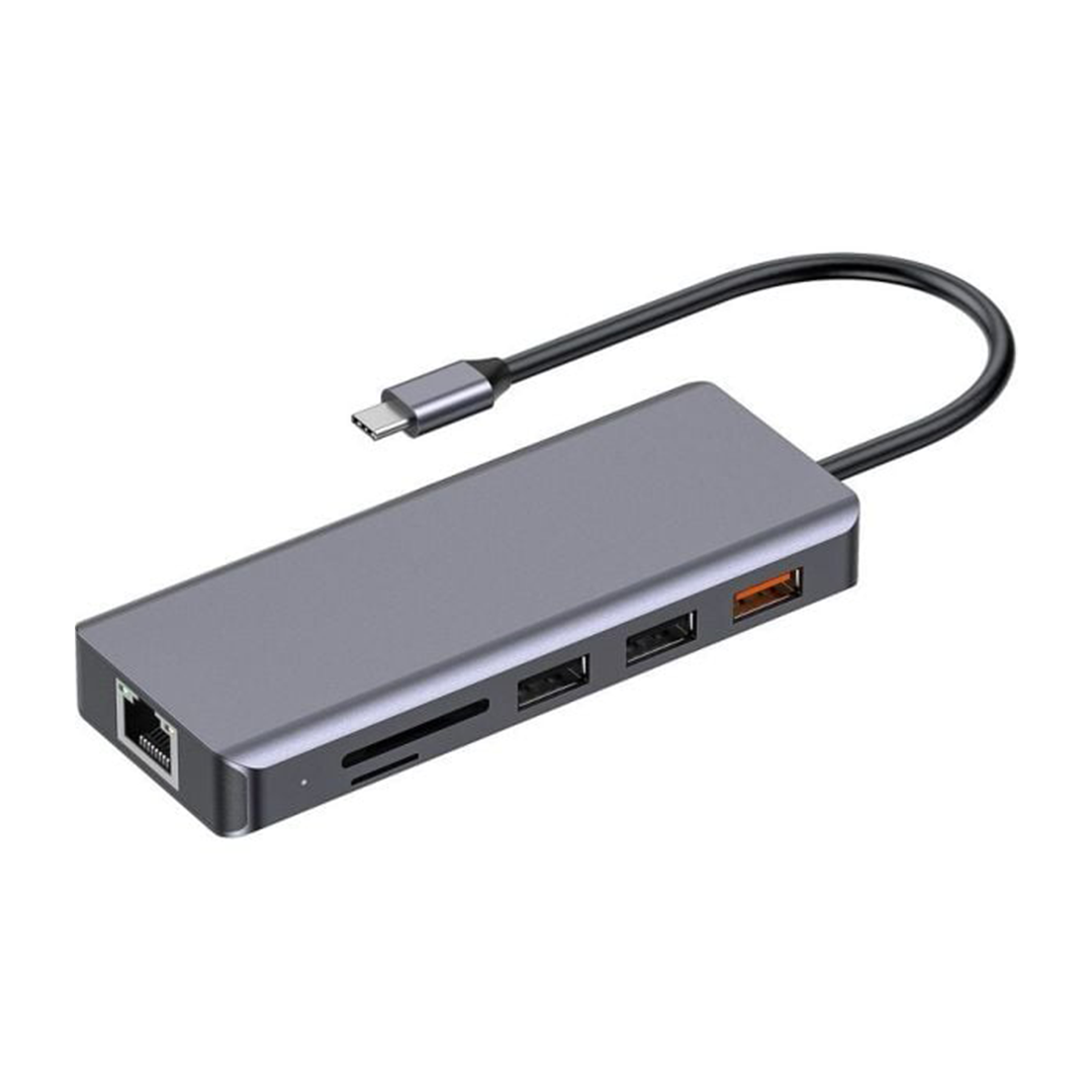Porodo 9-in-1 USB-C Hub Type-C PD 100W HDMI Ethernet USB SD Card 3.5mm Aux - Gray
