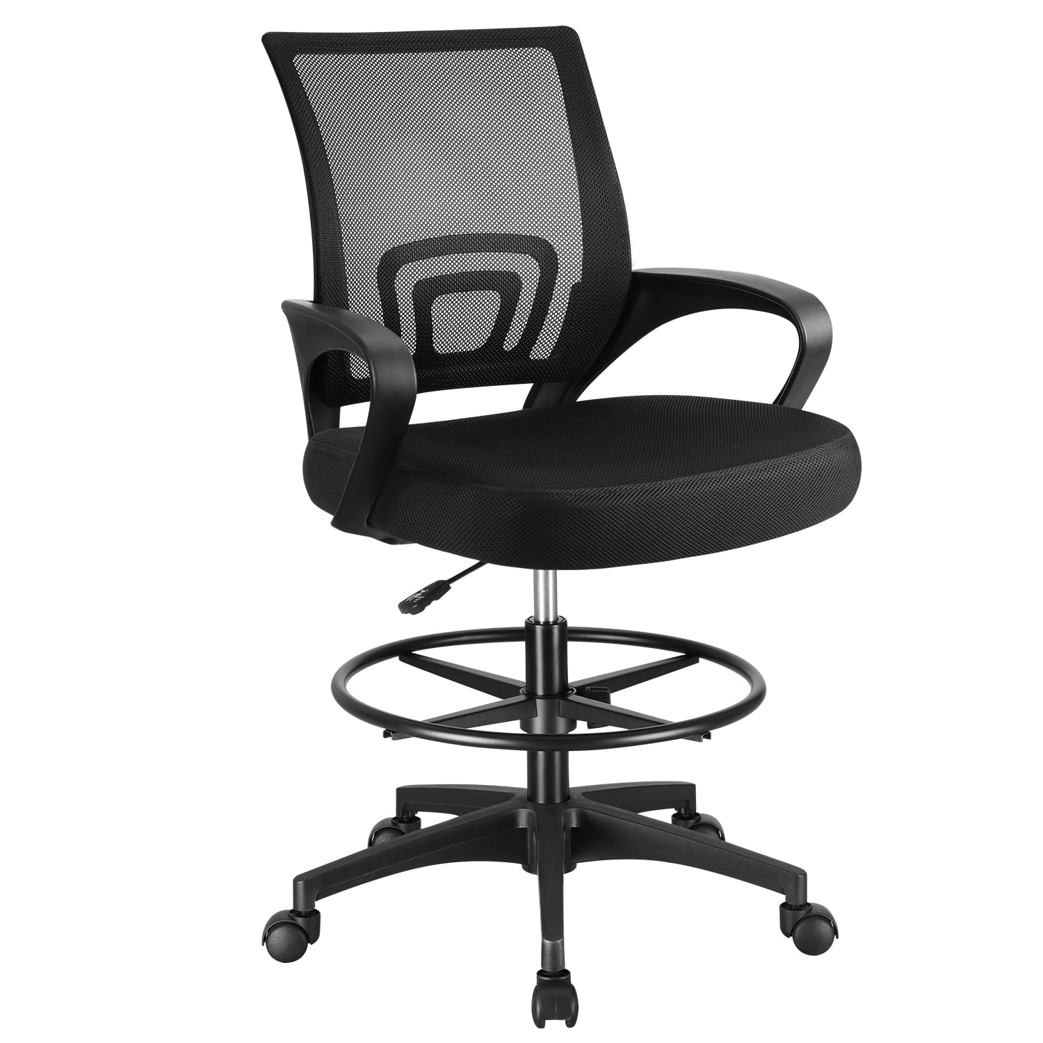 Adjustable Height Drafting Office Chair with Armrest and Regolabile Foot Ring, Black/Silver