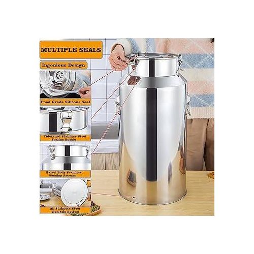 42L Stainless Steel Milk Can Canister Dairy Pot Large Bucket With Lid - Tote Milk Jug Oil Barrel , Water and Wine Container Pail Bottle With Carry Handle and Buckle for Liquid And Solid Storage and Tr