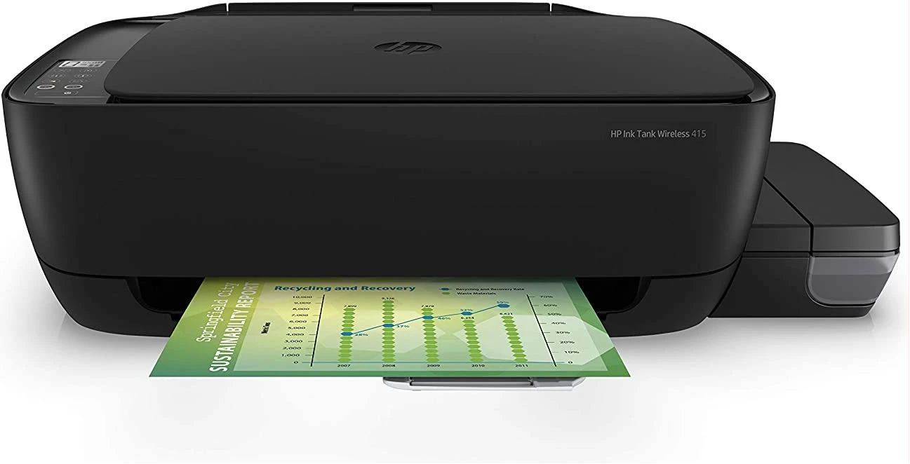 HP Ink Tank 415 WiFi Colour Printer, High Capacity Tank 6000 Black and 8000 Colour, Low Cost per Page (10p for B/W and 20p for Colour), Borderless Print