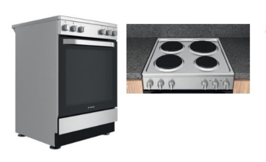 Ariston Full Electric Cooker 60x60cm AS67E4KHX; Electric Oven & Grill, Rotisserie, Minute Minder, Embossed, Cast Iron Pan Supports - Inox