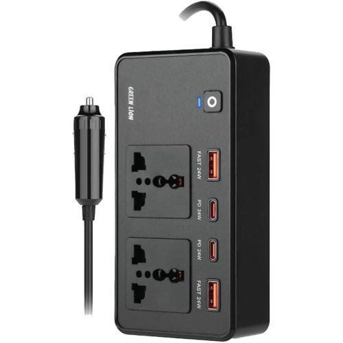 Green Lion GC-200 Car Inverter, Car Charger 2×Universal Sockets, 2×USB-A Ports, 2×USB-C Ports, QC 3.0 Charging, 200W Power, PD 24W Charging, Durable Flame Retardant Material, Small & Fit - Black