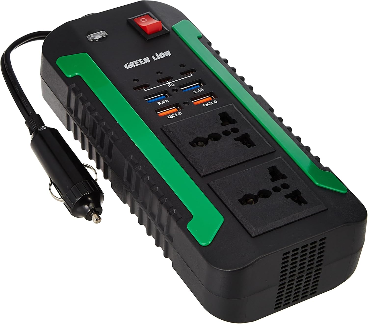 Green Lion Spark 300W Power Inverter - Black with Type-C, USB-A Ports, 2 AC Outlets, Surge Protection, and High Voltage Protection for Safe, Reliable Charging