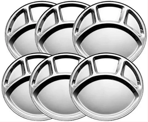 6 Pc Stainless Steel Round 4-In-1 Component Dinner Plate Tray For Lunch - Silver