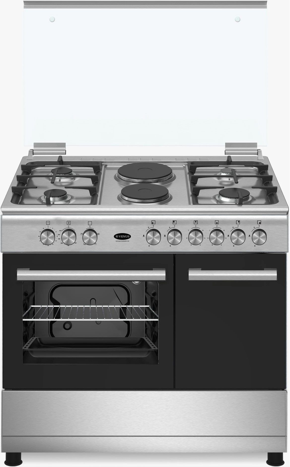 VENUS Cooker 4 Gas + 2 Electric Plates, 90cm, VC9642 BCD, Electric Oven & Grill, Rotisserie, Gas Protection & Automatic Ignition + Gas Cylinder Compartment