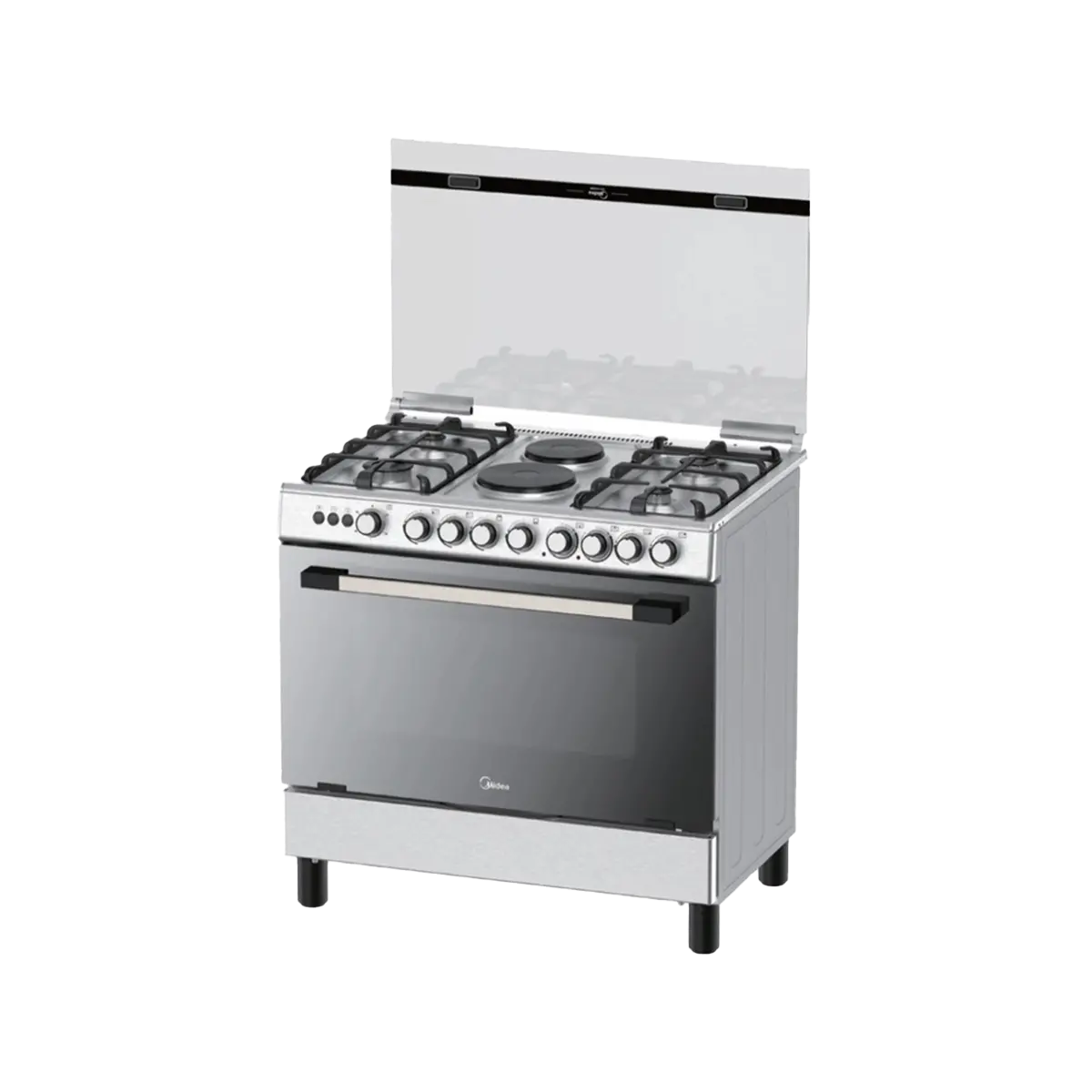 Midea Cooker 90x60cm, 4 Gas Burners + 2 Electric Plates, Auto Ignition, Gas Oven & Grill, Rotisserie, Flame Failure Device, Cast Iron Pan Supports - Silver