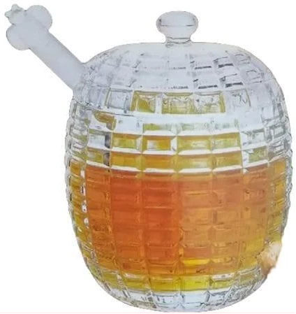 Crystal Glass Honey Pot Jam Jar with Honey Dipper Spoon and Lid Transparent Beehive Storage Jar- Clear