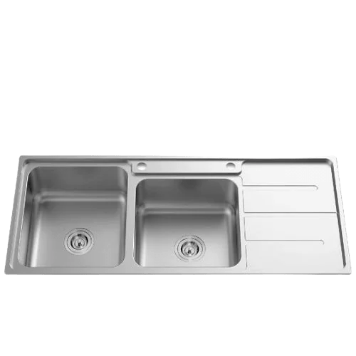 Newmatic 116cm Double D116 Ultra Deep Bowl Topmount Kitchen Sink, 304 Stainless Steel, Colander, Soap Dispenser, Bamboo Board & Wired Basket