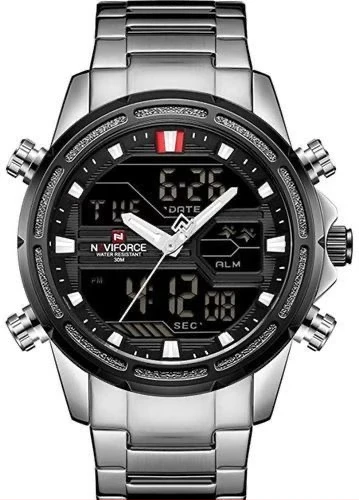 Naviforce NF9138S Men's Stainless Steel Quartz Digital Sport Watch - Silver