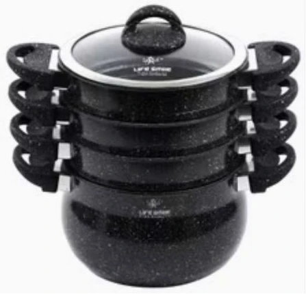 Life Smile 4 Layer Granite Coated Stockpot Couscoussier Steamer Saucepans - Black.