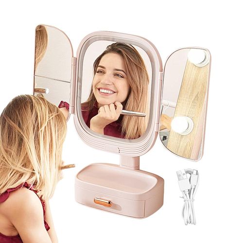 Foldable Vanity Mirror, 3 Color Lighting Makeup Mirror, Cosmetic Mirror With Data Cable, Double Sided Makeup Mirror, Touch Switch Control Mirror, Cosmetic Mirror For Desk Bathroom Bedroom- Multicolor
