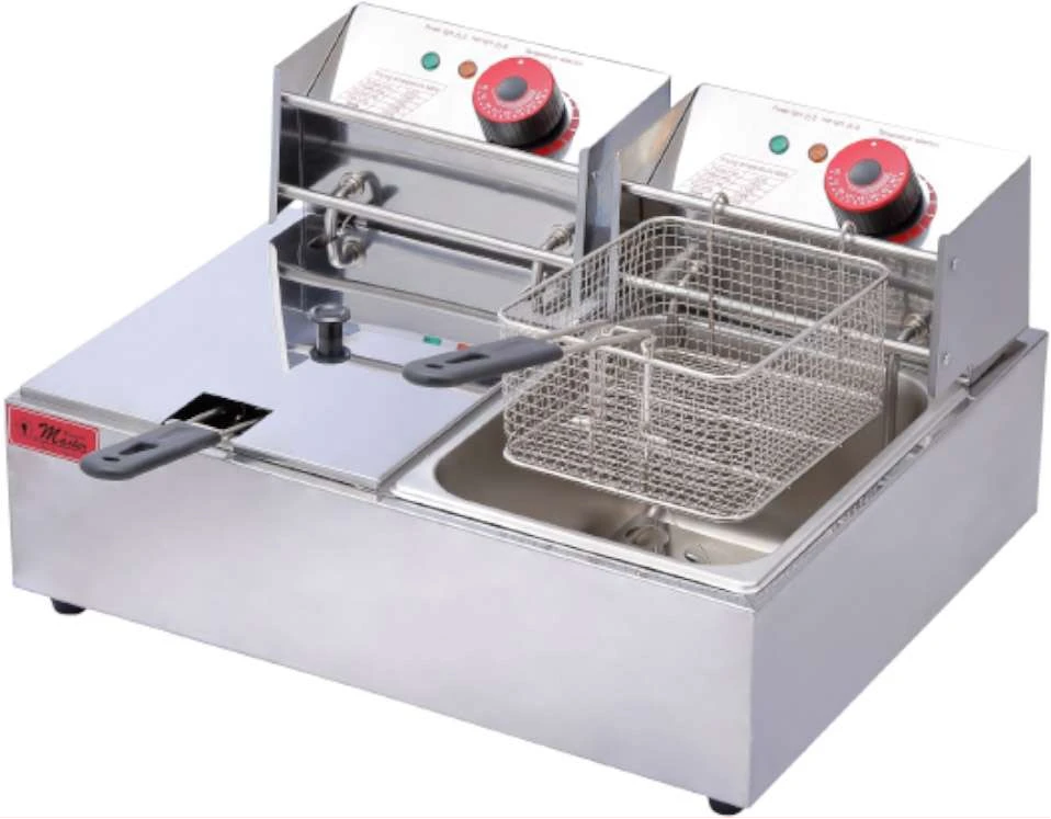 Electro Master 12L (6L + 6L) Commercial Double Deep Fryer EM-CDF1502, 3000W + 3000W With Safety Lid - Silver