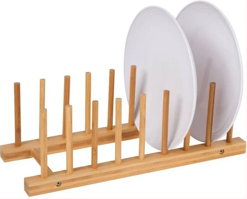 Multi-Purpose Bamboo Plate Holder and Pot Lid Organizer Storage Rack -Brown
