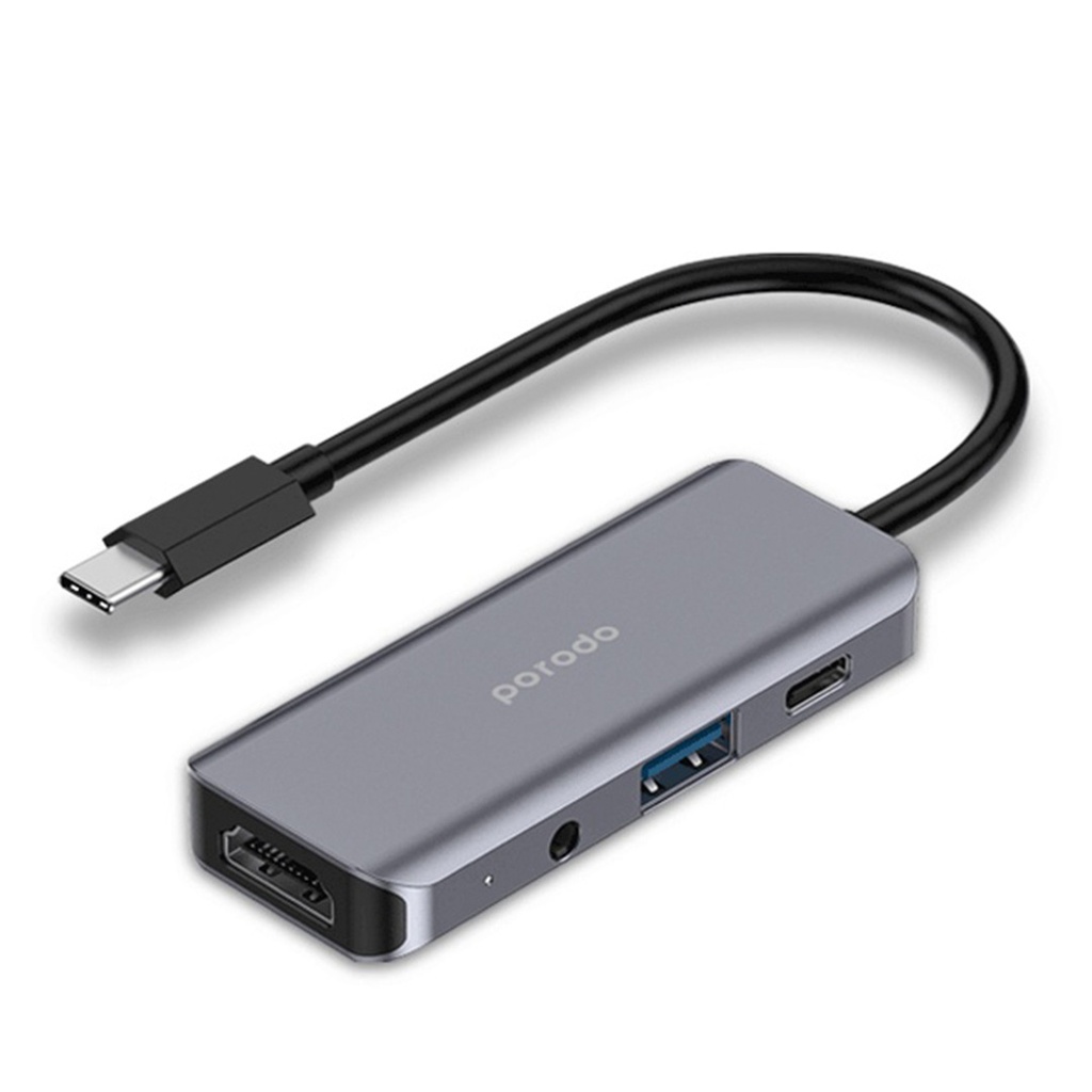 Porodo 4in1 USB-C Hub with Type-C PD 100W / HDMI /USB 3.0 Fast Transfer / 3.5mm Aux / 5Gbps Data Transfer /4K / Windows / Mac / iOS / Android Compatible Hub - Grey